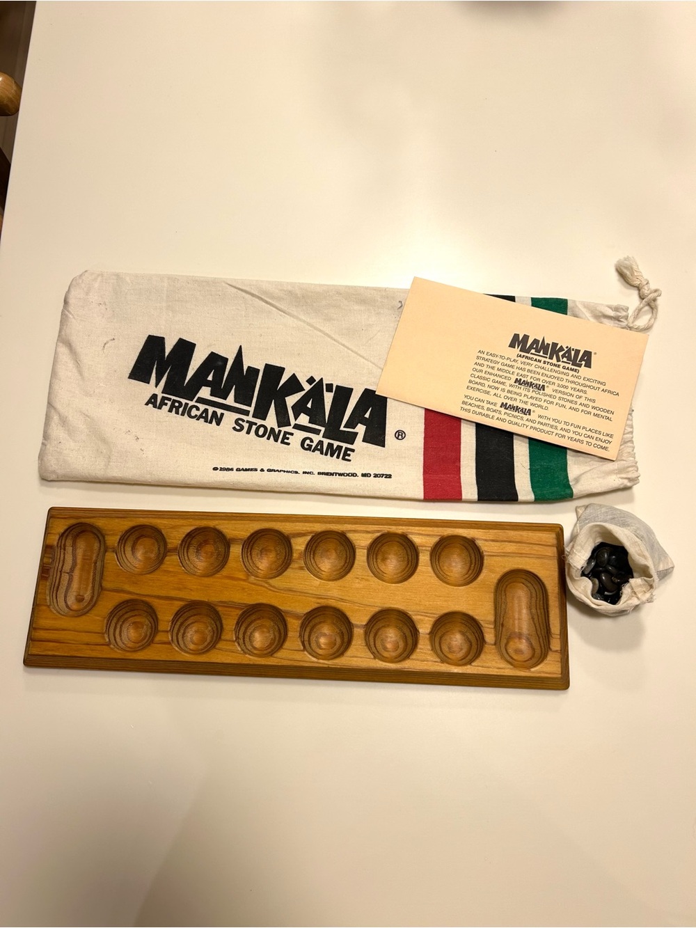 Mankala African Stone Game 1976 60+ Stones, Bag and Instructions Mancala Vintage